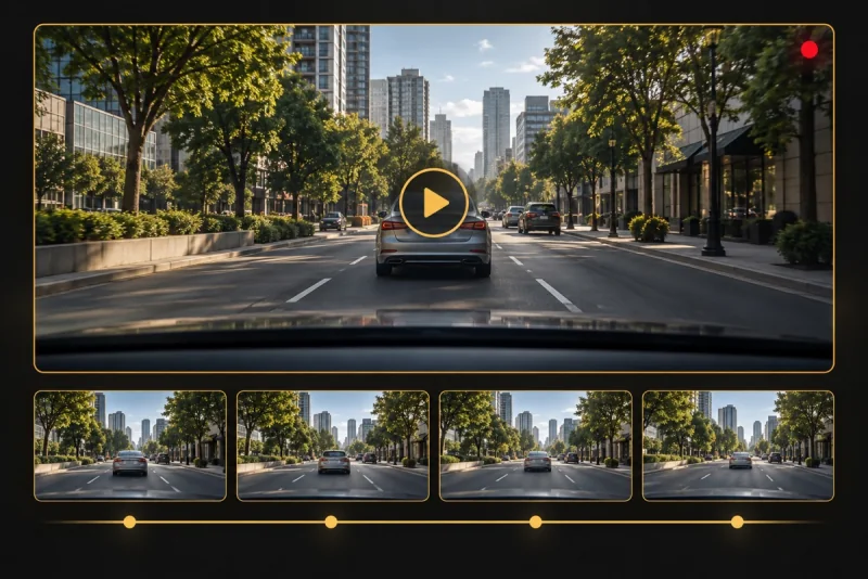 Saved driving video with a sequence of recent moments ready to review.